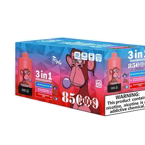 A Colorful Packaging Box Labeled '3 In 1' For Bang King Vape Devices With An Illustration Of A Monkey, Showcasing Different Flavors Including Blue Razz Ice, Strawberry Watermelon, And Watermelon Ice, Along With Product Specifications And A Safety Warning About Nicotine Addiction.