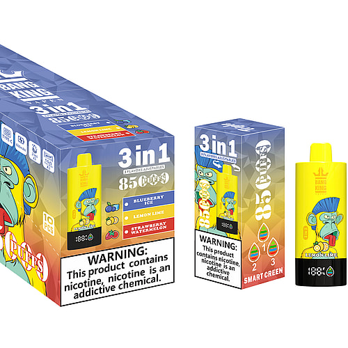 A Colorful Box Of Bang King 3-In-1 Disposable Vapes Featuring Cartoon Monkey Graphics, Showcasing Flavors Such As Blueberry Ice, Lemon Lime, And Strawberry Watermelon, With A Prominent Warning Label About Nicotine.