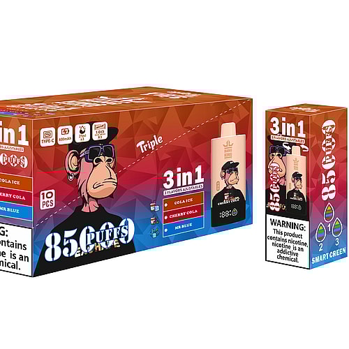 A Colorful Packaging Of A Vape Product Featuring A Cartoon Monkey Character, Labeled &Quot;Bang King&Quot; With Flavors Like Cola Ice, Cherry Cola, And Mr. Blue, Alongside A Warning About Nicotine Addiction.