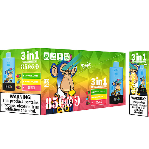 A Colorful Packaging For A Vape Product Featuring A Blue Vaping Device Labeled 'Pineapple Ice' Alongside A Vibrant Box Advertising Three Flavors: Double Apple, Pineapple Ice, And Fruity Fusion, Along With A Warning About Nicotine Addiction.