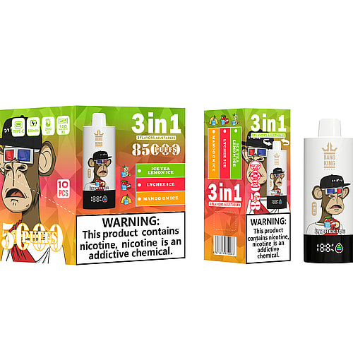 A Colorful Packaging Design For A Vape Product Named 'Bang King,' Featuring A Cartoon Monkey Wearing 3D Glasses And Offering Three Flavors: Ice Tea Lemon Ice, Lychee Ice, And Mango On Ice, Along With A Nicotine Warning.
