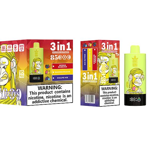 Packaging For A 3-In-1 Vape Product Featuring A Cartoon Monkey Design, Showcasing Three Flavors: Mixed Berries, Mango Peach, And Grape Ice, Along With A Warning About Nicotine Addiction And Specifications Like 8500 Puffs And Rechargeable Battery Details.