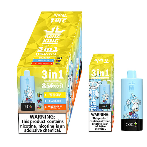 A Product Display For Bang King Featuring A Box And A Single Vape Device, With Labels For Three Flavors: Pineapple Coconut, Blue Razz, And Strawberry Banana, Alongside Warnings About Nicotine Addiction.