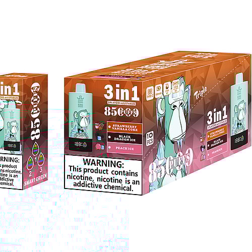 A Package Of 'Bang King' Vaping Product, Featuring A Light Blue Vape Pen Labeled 'Black Dragon Ice' Next To Its Packaging, Which Highlights Three Flavors: Strawberry Vanilla Coke, Black Dragon Ice, And Peach Ice, And Includes A Warning About Nicotine Addiction.