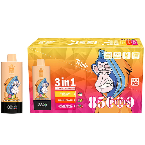 A Colorful Packaging Of A Vaping Product Featuring Three Vape Pens Labeled 'Bang King', Showing Cartoon Monkey Characters, And Highlighting Flavors Of Tropical Fruit, Lemon Peach, And Strawberry Watermelon, With Text Indicating It Contains 85 Puffs And Comes In A Pack Of 10 Pieces.