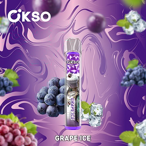 A Colorful Vape Device Labeled 'Grape Ice' Surrounded By Clusters Of Fresh Blueberries And Grapes, With Ice Cubes, Set Against A Swirling Purple Background.