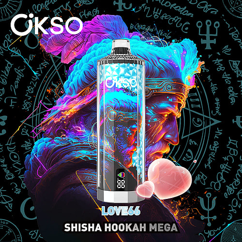 A Colorful, Futuristic-Shape Hookah Called 'Love66' From The Brand Oikso, Surrounded By Vibrant Abstract Smoke And Mystical Symbols Against A Dark Background.