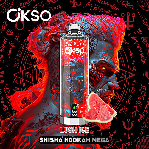 A Colorful, Stylized Image Of A Shisha Hookah Packaging Labeled 'Lush Ice' On A Dark, Patterned Background With Vivid Red And Black Graphics, Featuring Vibrant Hair Cascading From The Side.