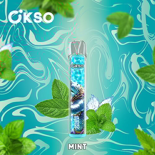 A Vibrant Mint-Flavored Vaping Device Featuring A Stylized Graphic Of An Aqua-Colored Character On A Swirling Turquoise Background, Surrounded By Fresh Mint Leaves And Labeled 'Mint'.