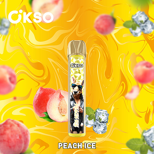 A Vibrant Packaging For A Vape Product Named 'Peach Ice', Featuring A Golden Vape Pen With A Playful Design, Surrounded By Fresh Peaches, Mint Leaves, And Ice Cubes Against A Bright Yellow Background.
