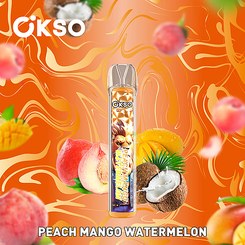 A Colorful Vape Device Labeled 'Peach Mango Watermelon' Surrounded By Illustrations Of Fresh Peaches, Mangoes, Watermelons, And Coconuts On An Orange, Wavy Background.