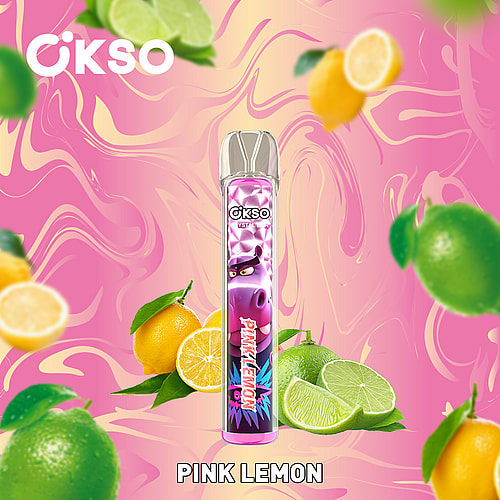 A Colorful Vape Bottle Labeled 'Pink Lemon' Featuring A Cartoon Pig Character Against A Vibrant Pink And Yellow Background With Various Lemons And Limes Around It.