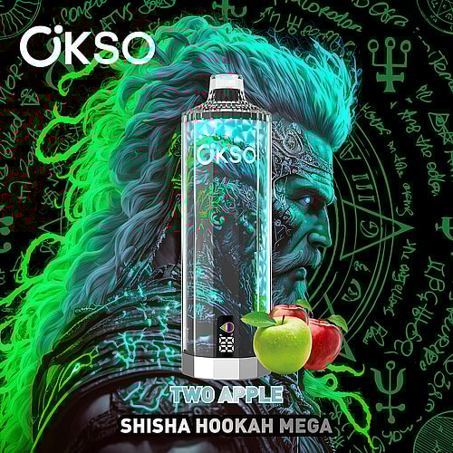 A Vibrant Promotional Graphic Featuring A Hookah Bottle Labeled 'Ökso' With A Two Apple Flavor, Accompanied By Green And Red Apples At The Bottom, Against A Dark Background With Glowing Outlines Of Mystical Symbols And A Stylized Hair Motif.