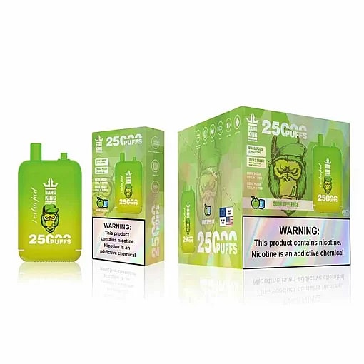 Dispositivo di svapo monouso verde e confezione con l'etichetta "25.000 boccate" e un testo di avvertenza che la nicotina è una sostanza chimica che crea dipendenza.