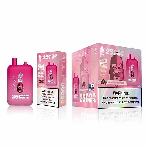 Un dispositivo per svapare rosa e una confezione con l'etichetta "25000 boccate" e un testo di avvertenza che indica che il prodotto contiene nicotina, una sostanza chimica che crea dipendenza.