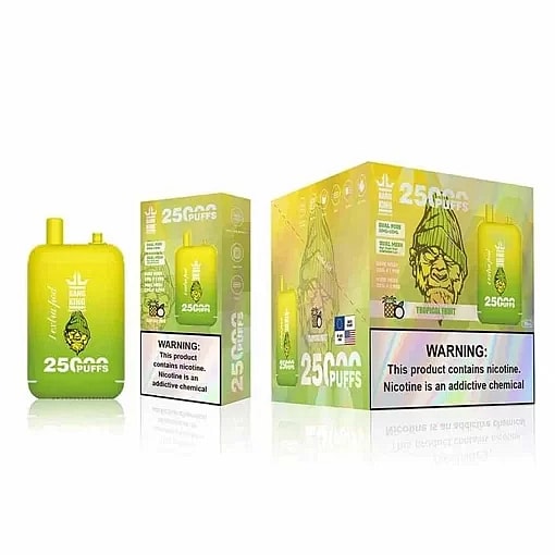 Dispositivo di svapo monouso giallo e confezione con l'etichetta "25.000 boccate" e avvertenza sulla nicotina.