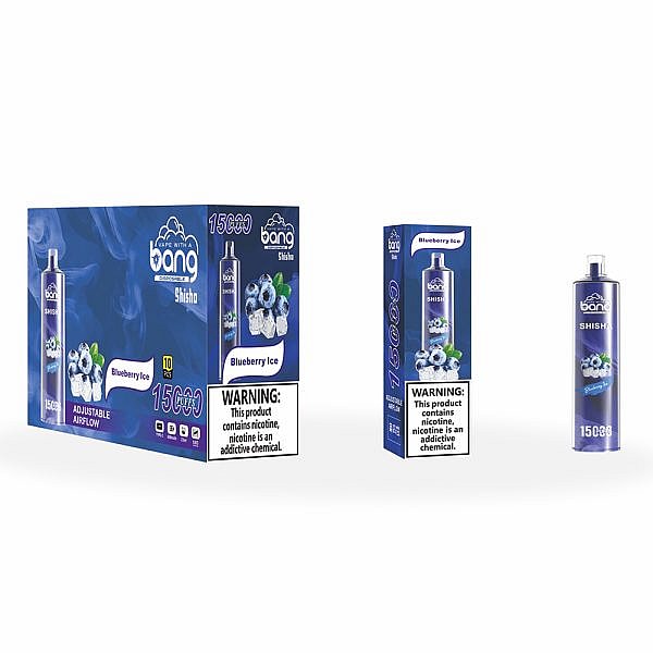 Bang Shisha disposable vape in Blueberry Ice flavor, with packaging showing 15,000 puffs and nicotine addiction warnings.