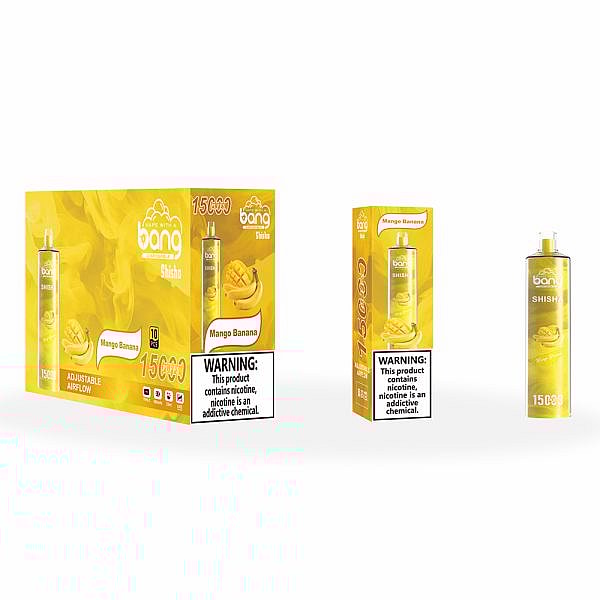 Yellow packaging and disposable vape pen labeled "Bang Shisha Mango Banana" with warning text about nicotine being an addictive chemical.