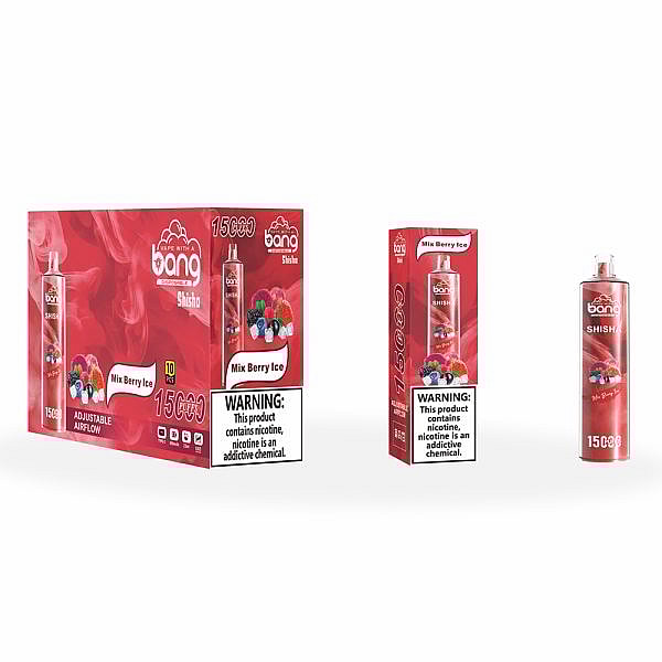 Bang Shisha disposable vape packaging featuring Mix Berry Ice flavor, with a red background, berry images, and nicotine warning label.