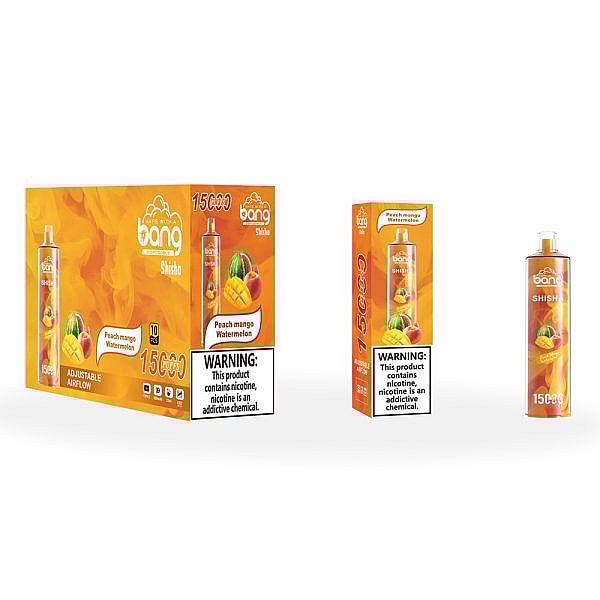 Bang disposable vape packaging featuring the "Peach Mango Watermelon" flavor, with a large box, a single vape pen, and a smaller package displayed. The packaging includes bright orange colors, fruit illustrations, and a nicotine warning label.