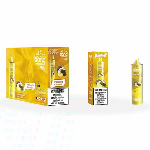 Bang Shisha Pineapple Coconut disposable vape packaging showing a yellow box, product display, and warning labels about nicotine content.