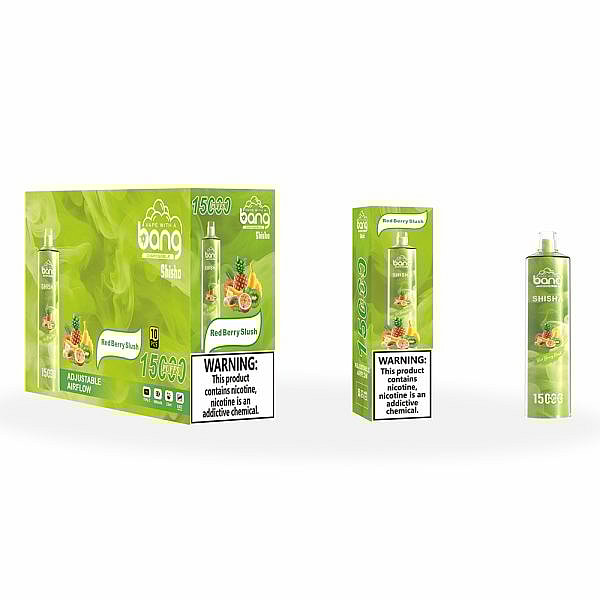 Bang Shisha Red Berry Slush disposable vape with adjustable airflow, showing a box, individual packaging, and the device.