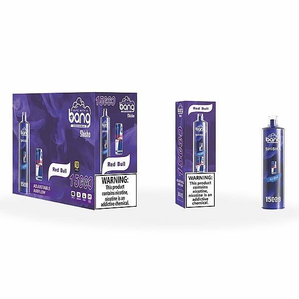 Bang Shisha Red Bull vape packaging, showing a purple box, a single product box, and the vape device with nicotine warning labels.