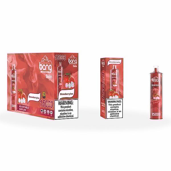 Bang Shisha 15000 puff disposable vape in Strawberry Ice flavor, featuring packaging with strawberries and ice cubes, and a nicotine warning label.