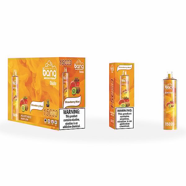 Bang disposable vape packaging featuring strawberry kiwi flavor, 15000 puffs, with warning label stating product contains nicotine, an addictive chemical.
