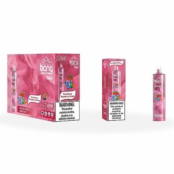 Bang disposable vape packaging featuring the Strawberry Raspberry Candy flavor. The box and vape pen display a warning about nicotine addiction. The packaging includes vibrant fruit imagery and text indicating 15,000 puffs with adjustable airflow.
