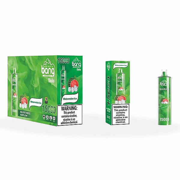 Bang disposable vape packaging and product in Watermelon Ice flavor, featuring green background with images of watermelon and ice cubes, along with nicotine warning labels.