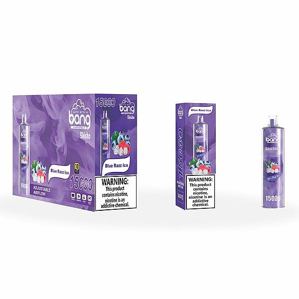 Bang Shisha Blue Razz Ice vape packaging with adjustable airflow, featuring a warning about nicotine as an addictive chemical.