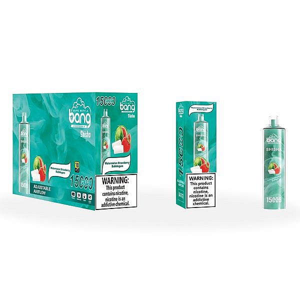 Bang Shisha disposable vape packaging displaying the "Watermelon Strawberry Bubblegum" flavor with a nicotine warning label.