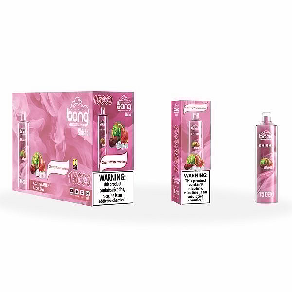 Bang Shisha disposable vape box, packaging, and device in cherry watermelon flavor with a nicotine warning label stating, "This product contains nicotine. Nicotine is an addictive chemical."