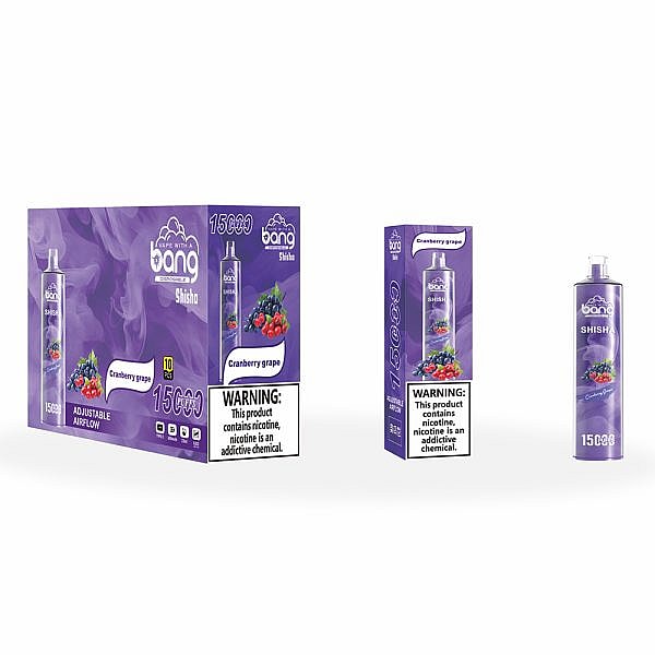 A Bang Shisha Cranberry Grape vape box, single package, and vape device with a purple design, fruit image, and nicotine warning label.