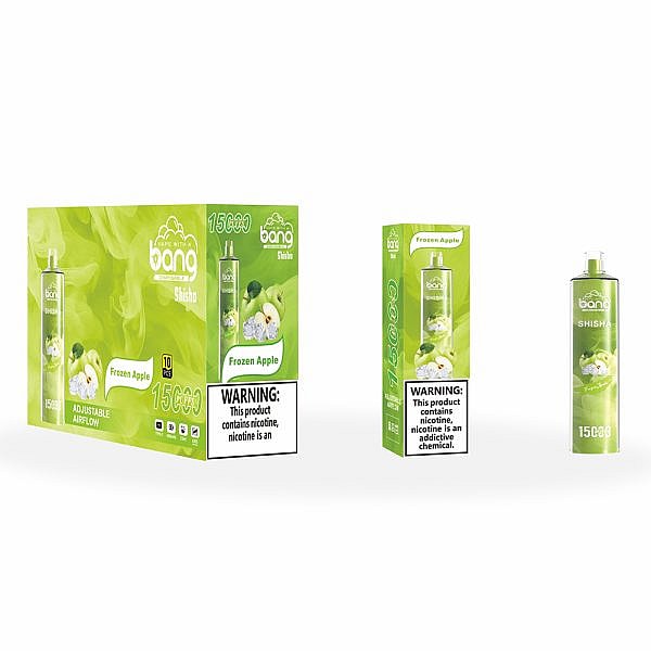 Bang Shisha disposable vape in Frozen Apple flavor with 15,000 puffs, adjustable airflow, and a nicotine warning label on the packaging.