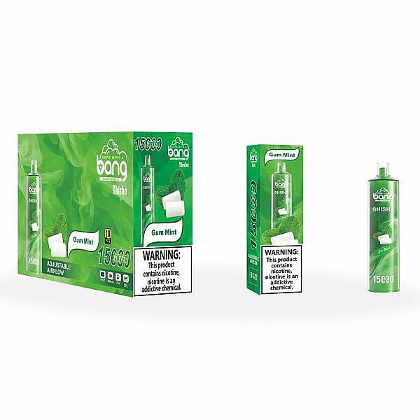 Gum Mint flavored vape packaging with a green background, showing a box, individual package, and vape device, all labeled with a nicotine warning.