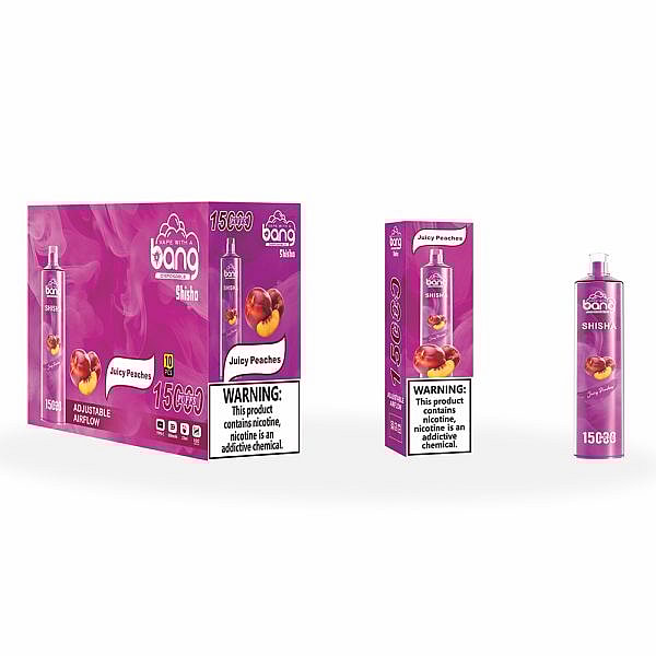 Bang Shisha Juicy Peaches vape product packaging with a purple background, featuring a disposable vape device, peaches, and nicotine warning labels.