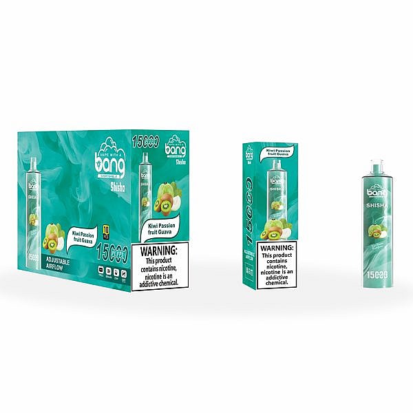 Bang Shisha disposable vape packaging featuring Kiwi Passion Fruit Guava flavor, with a warning label about nicotine being an addictive chemical. The image shows a box, single package, and the vape device.