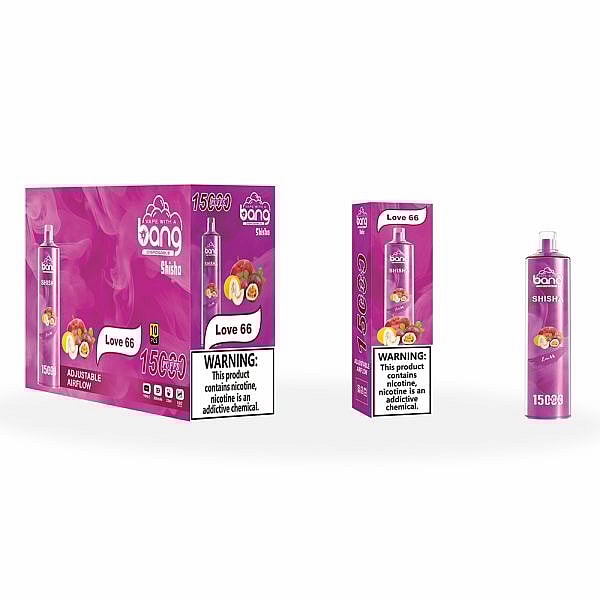 Bang Shisha Love 66 disposable vape packaging, featuring a purple color with fruit illustrations, nicotine warning label, and adjustable airflow.