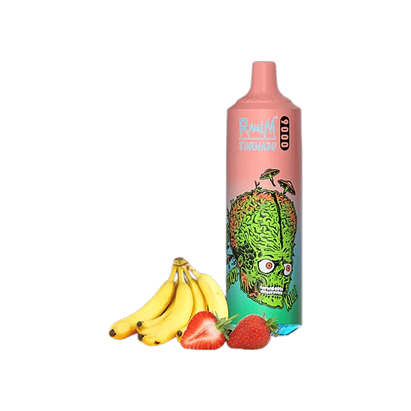Un colorato dispositivo per svapare raffigurante un cervello, accanto a banane e fragole.