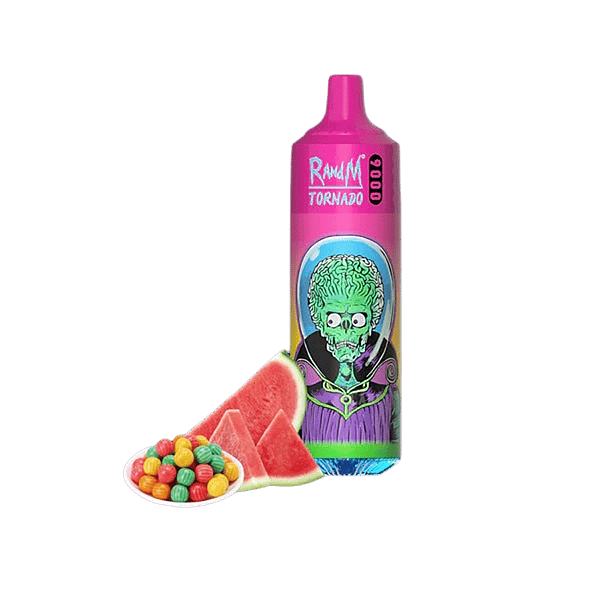 Un dispositivo per svapare colorato con il marchio "R and M Tornado", raffigurante un alieno, esposto con fette di anguria e una ciotola di caramelle rotonde colorate.