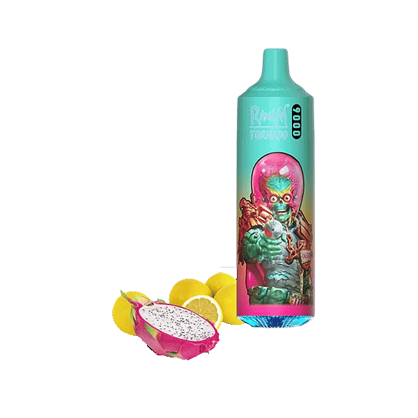 Un dispositivo per svapare color verde acqua e rosa con un design che raffigura un alieno, circondato da limoni e un frutto del drago tagliato a fette.