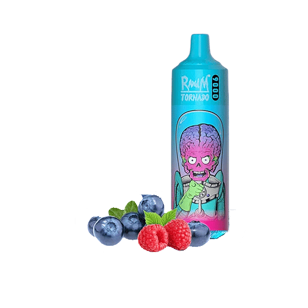 Un dispositivo per svapare blu e rosa con un personaggio dei cartoni animati con il cervello di un alieno, etichettato "RandM Tornado", accanto a mirtilli e lamponi.