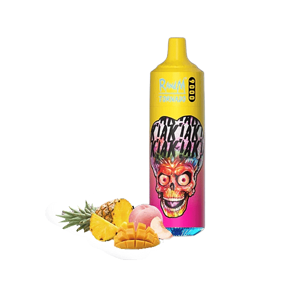 Un dispositivo per svapare colorato caratterizzato da un vivace motivo a teschio e da un mix di frutti tropicali, tra cui ananas, mango e pesca in primo piano.