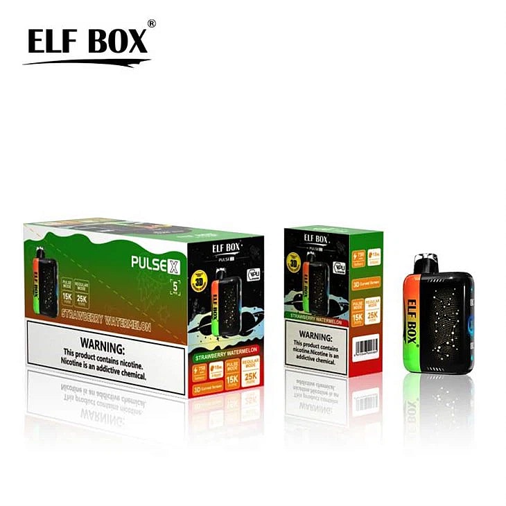 Embalaje del vaporizador ELF BOX Pulse X con sabor a fresa y sandía, etiquetas de advertencia sobre la adicción a la nicotina y una imagen del dispositivo de vaporizador.