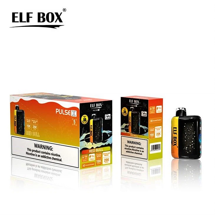 Embalaje de vaporizador ELF BOX PULSE X con sabor a Red Bull, con etiqueta de advertencia de nicotina visible.