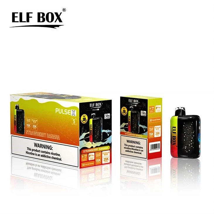 Empaque de vaporizador desechable Elf Box Pulse X Strawberry Banana con imágenes del producto, que muestra la etiqueta de advertencia de nicotina y detalles como 15 000 bocanadas, batería de 25 000 mAh y 30 dispositivos con sabor.