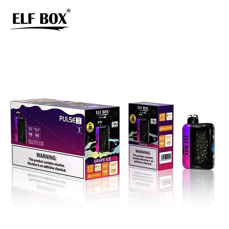 Envase desechable para vapear Elf Box Pulse X con sabor a uva helada, capacidad para 15 000 caladas, 25 ml de líquido electrónico y concentración de nicotina de 5%. El envase muestra una advertencia sobre la adicción a la nicotina.