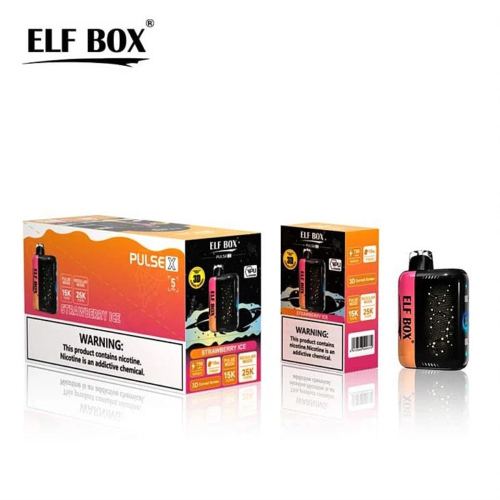 Embalaje y dispositivo del vaporizador ELF BOX Pulse X Strawberry Ice, con advertencias sobre el contenido de nicotina.